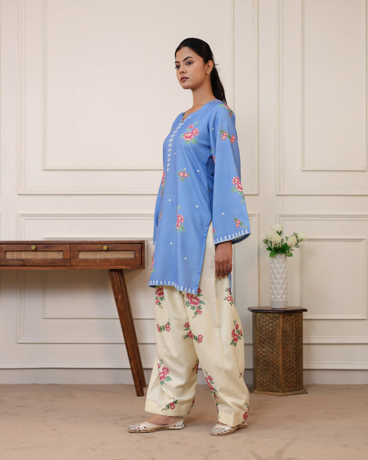 Blue Floral Cotton Farshi Salwar Set