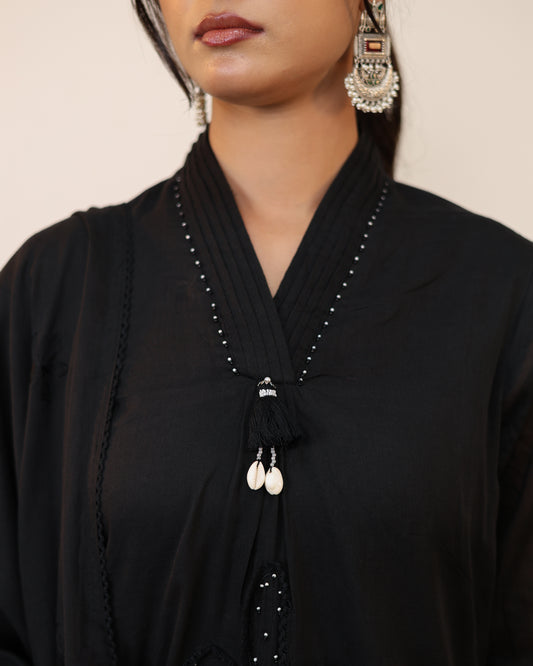 Black Embroidered Mul Cotton A-line Kurta Set with Dupatta