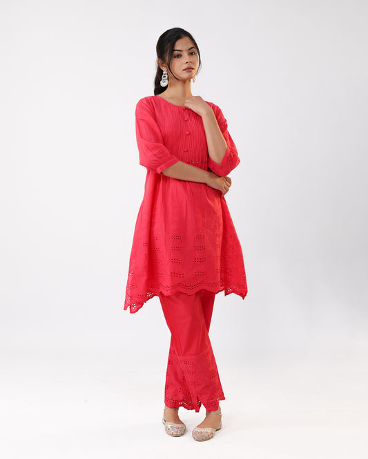 Coral Bloom Embroidered Kurta Pant Set