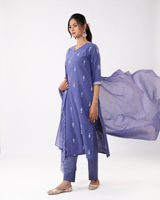 Cotton Denim blue Kurta Pant Set with Dupatta