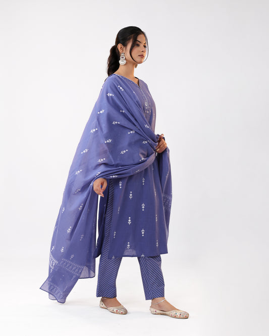 Cotton Denim blue Kurta Pant Set with Dupatta