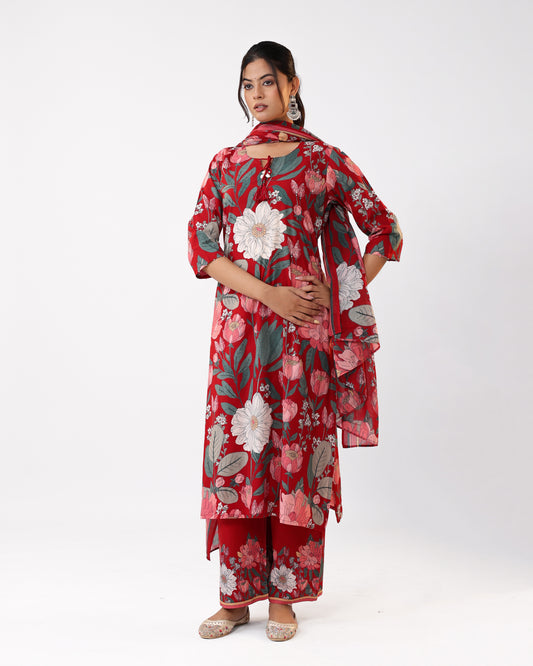 Ruby Red Floral Cotton A-LINE Kurta Set with Dupatta