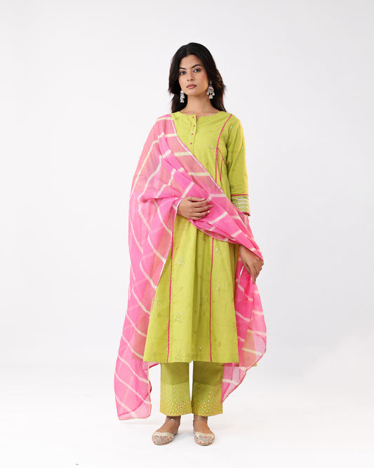 Lime Green Embroidered Party Wear Kurta Set with Pink Leheriya Dupatta
