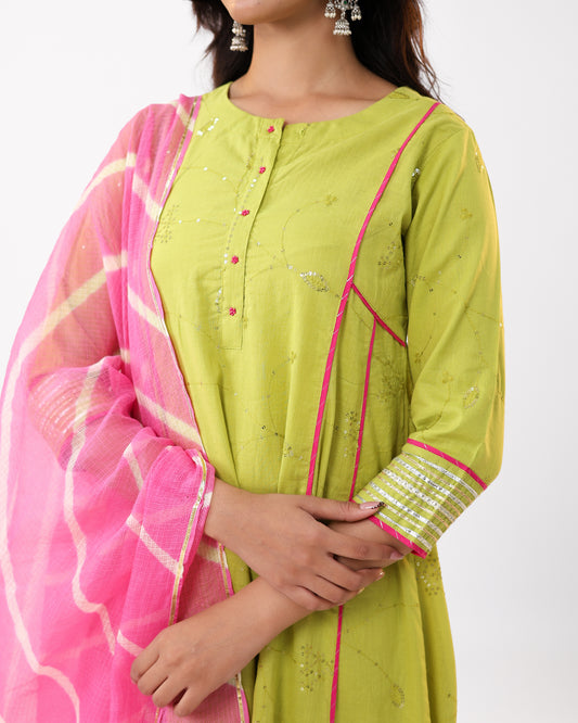 Lime Green Embroidered Party Wear Kurta Set with Pink Leheriya Dupatta