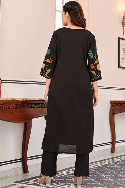 Kokko Stylish Black Printed Cotton Kurta with Pants Set | 2-Piece Outfi