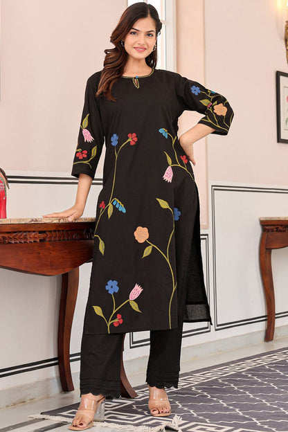 Kokko Stylish Black Printed Cotton Kurta with Pants Set | 2-Piece Outfi
