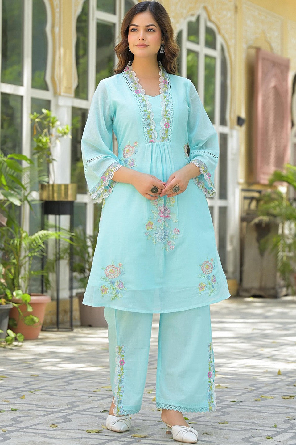 Kokko Hand-Embroidered Cotton Co-ord Set | Stylish Short Kurta with Pants