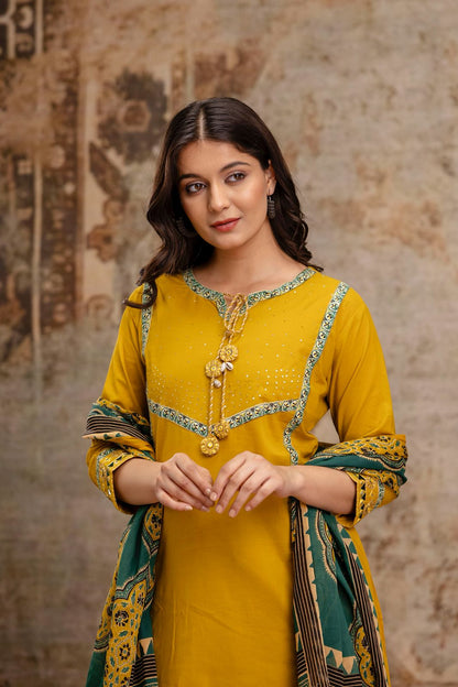 Mustard Yellow Pure Cotton A-Line 3-Piece Kurta Set with Printed Dupatta