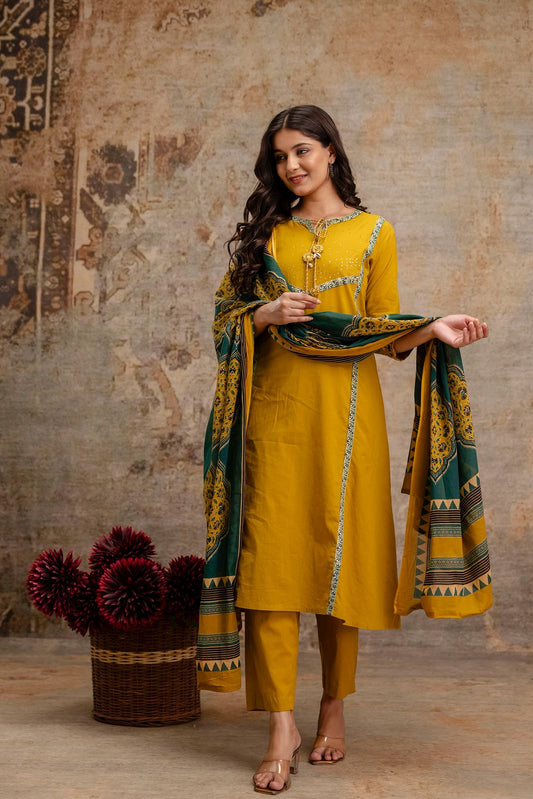 Mustard Yellow Pure Cotton A-Line 3-Piece Kurta Set with Printed Dupatta
