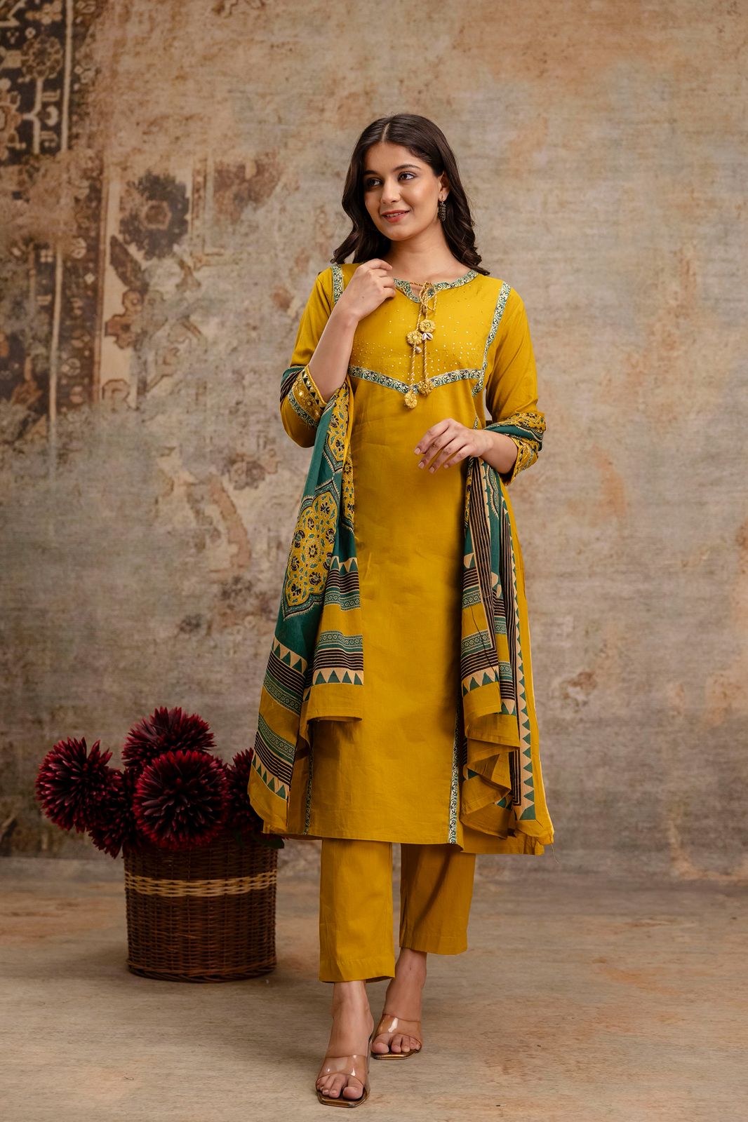 Mustard Yellow Pure Cotton A-Line 3-Piece Kurta Set with Printed Dupatta