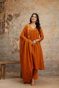 Rust Orange Self-Stripe Pure Cotton A-Line 3-Piece Kurta Set with Embroidered Dupatta