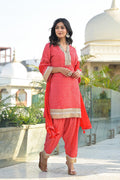Red Printed Maslin Kurta Salwar Set | Embroidered 3-Piece Outfit