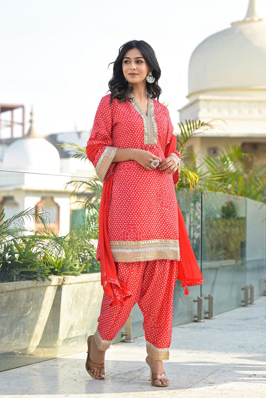 Red Printed Maslin Kurta Salwar Set | Embroidered 3-Piece Outfit