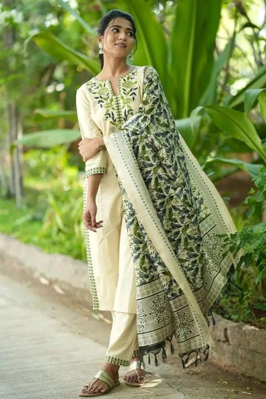 Embroidered Cotton Flex Kurta Pant Set with Silk Dupatta | 3-Piece Outfit