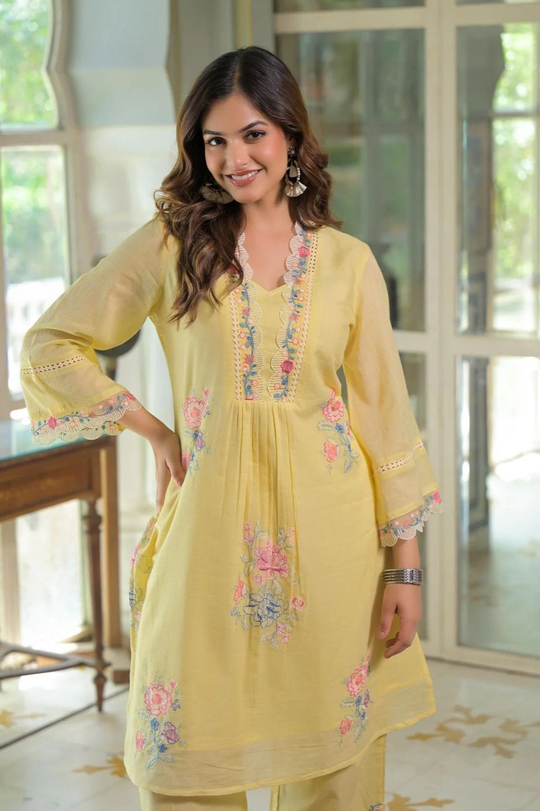 Kokko Hand-Embroidered Cotton Co-ord Set | Stylish Short Kurta with Pants