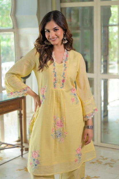 Kokko Hand-Embroidered Cotton Co-ord Set | Stylish Short Kurta with Pants