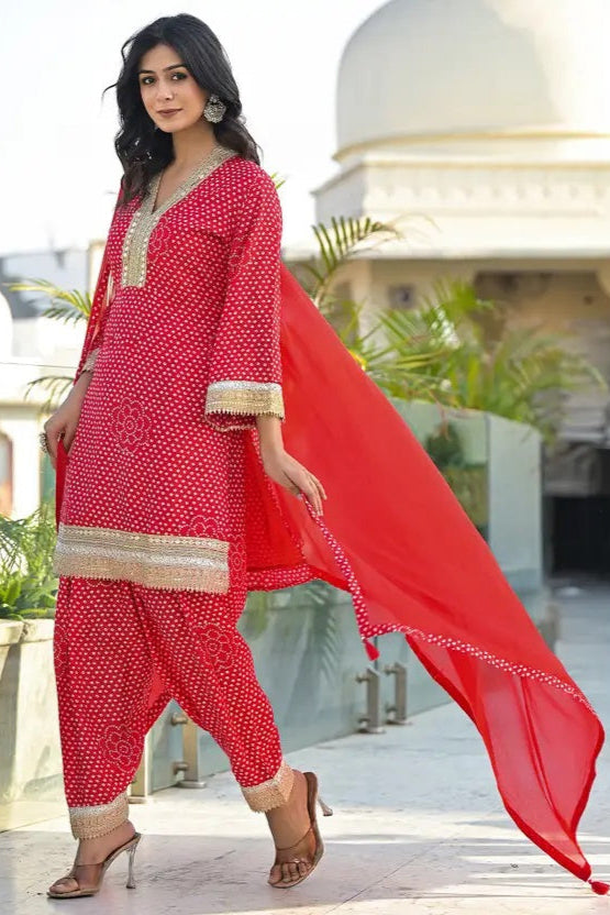 Red Printed Maslin Kurta Salwar Set | Embroidered 3-Piece Outfit