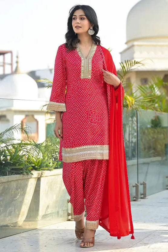 Red Printed Maslin Kurta Salwar Set | Embroidered 3-Piece Outfit