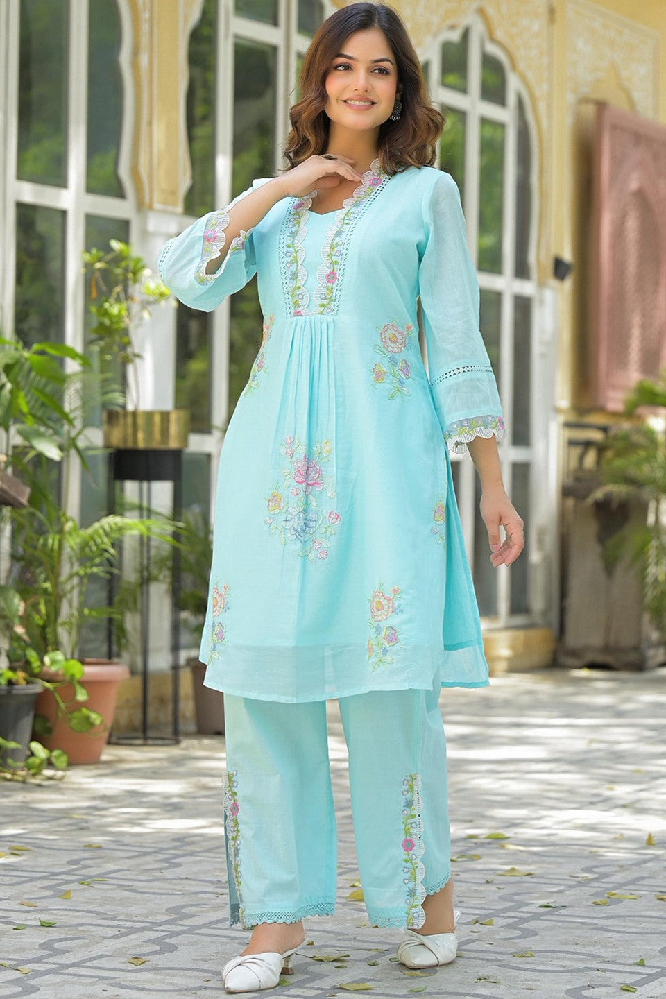 Kokko Hand-Embroidered Cotton Co-ord Set | Stylish Short Kurta with Pants